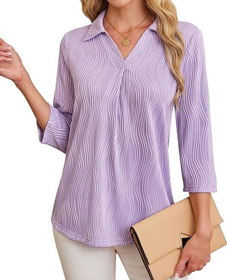 Womens 3 4 Sleeve Blouse Long Sleeve Business Casual Tunic Tops V Neck Work Tops Textured Dressy Casual Shirts Size 3X