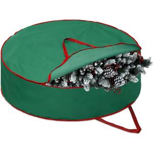 1 Pcs 60" Christmas Wreath Storage Bag Zippered Garland Holiday Container with Reinforced Handle Tear Resistant 600d Oxford Organizer Wreath Holder with Card (Green)