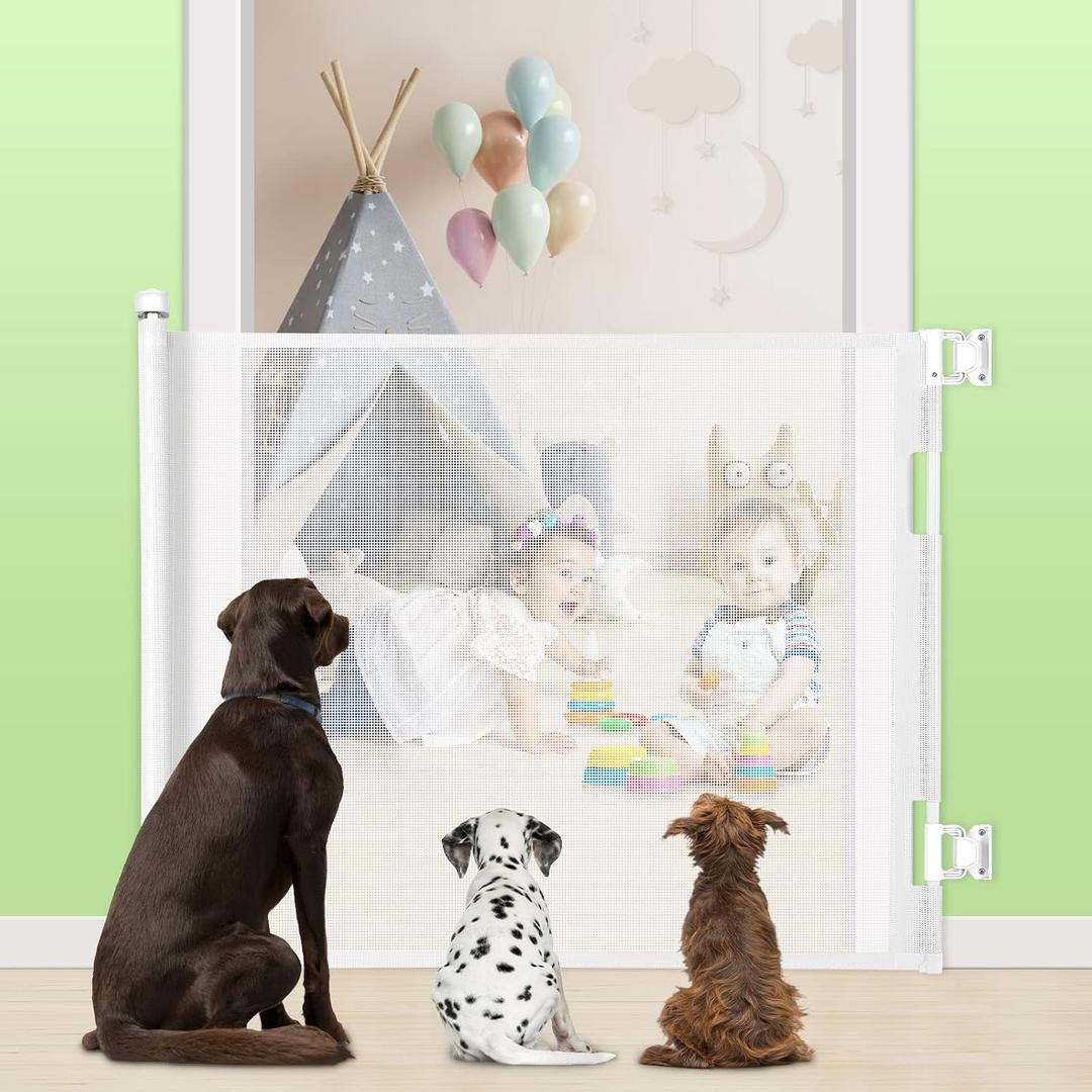 Retractable Baby Gate, Extra Wide Safety Kids or Pets Gate, 33 Tall, Extends to 55 Wide, Mesh Safety Dog Gate for Stairs, Indoor, Outdoor, Doorways, Hallways