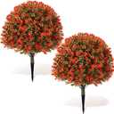 Yunlly Set of 2 Artificial Boxwood Topiary Ball Tree 27" Outdoor Boxwood Balls with Flower Faux Bush UV Resistance Fake Shrub Plant with Spike for Garden Porch Patio Decor(Fall Orange,27x18inch)