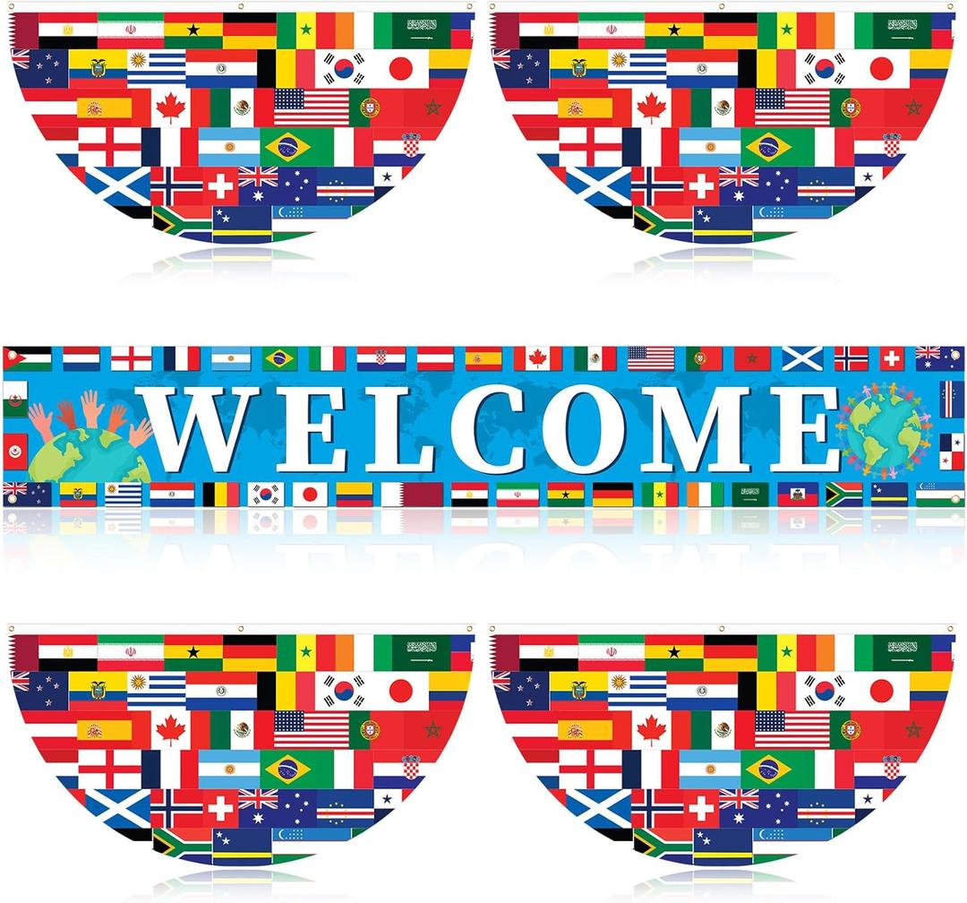 Chumia 5 Pcs International World Flag Decorations Include World Country Flag Outdoor Hanging Bunting Fan Banners Country Flags Fence Banner Sports Events Bar Sports Clubs Decoration