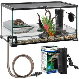 REPTIZOO Glass Turtle Tank Kit, 10 Gallon Turtle Tank Starter Kit with Drainage System, Basking Platform and Quiet Aquarium Corner Internal Filter, 20" x 12" x 10" Aquatic Terrarium
