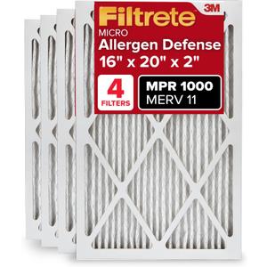 Filtrete 16x20x2 AC Furnace Air Filter, MERV 11, MPR 1000, Allergen Defense, 3-Month Pleated 2-Inch Electrostatic Air Cleaning Filter, 4 Pack (actual size 15.5 x 19.5 x 1.75 in)