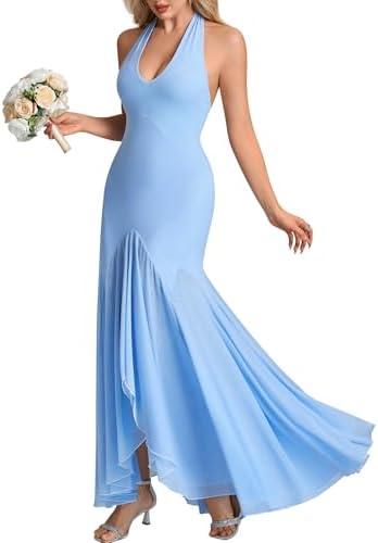 HTZMO Women Formal Sexy V Neck Halter Tie Maxi Dress Bodycon Flowy Wedding Guest Cocktail Elegant Long Dresses, L