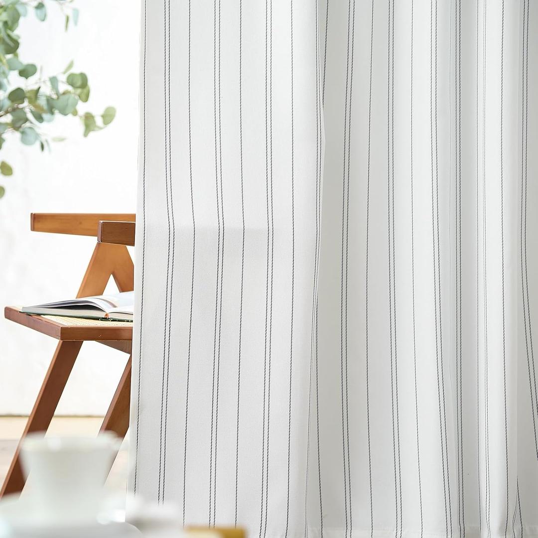 jinchan White Curtains Grey Striped Curtains 84 Inch Length for Living Room Bedroom Window Treatment Modern Linen Look Ticking Stripe Pinstripe Privacy Light Filtering Back Tab Rod Pocket 2 Panels