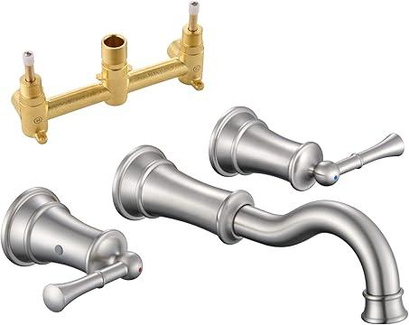 WINKEAR Roman Bathroom Sink Faucet Deck Mount or Wall Mount Installation Pop-up Drain Assembly with Overflow Deck Plate and Water Supply Lines Included (3 Hole Wall Mount, Brush Nickel)