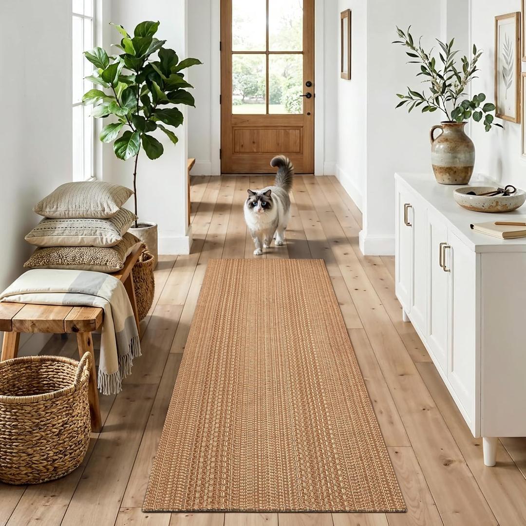 MatEssenz 2x6 Washable Runner Rug, Textured Natural Woven Low-Profile Hallway Runner with Non-Slip Backing, Neutral Brown, for Kitchen, Laundry Room, Entryway