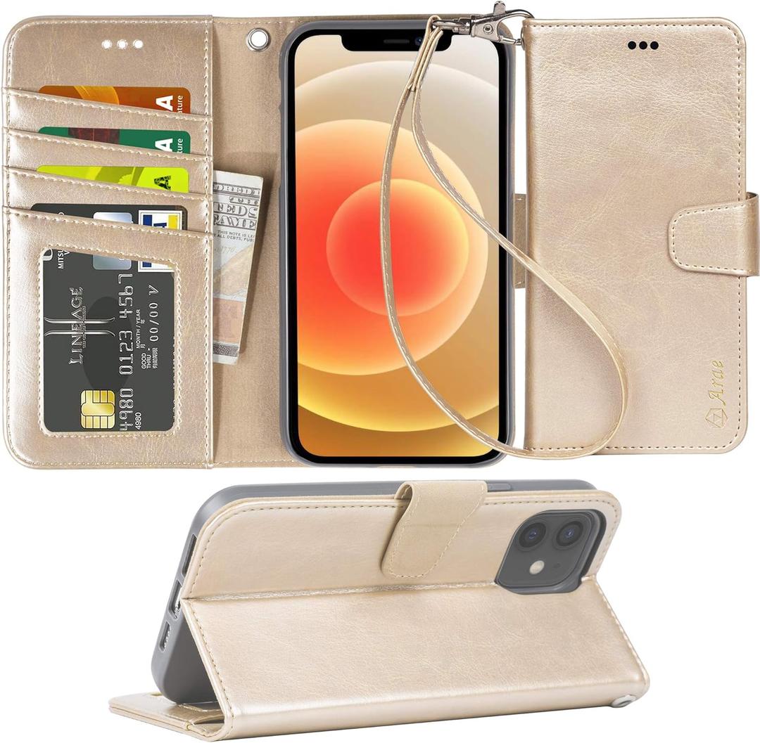 Arae Compatible with iPhone 12 Case and iPhone 12 Pro Case Wallet Flip Cover with Card Holder and Wrist Strap - Champagne Gold