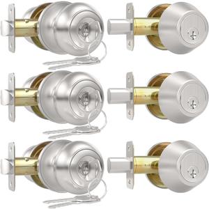 AEEKEL Exterior Door Knob with Lock and Key, 3 Pack Keyed Alike Entry Door Knob for Front Door Lock Set, Brushed Nickel Exterior Door Knob and Single Cylinder Deadbolt Set