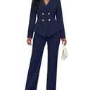 Pant Suits for Women Dressy 2 Piece Double Breasted Peplum Blazer and Wide Leg Pantsuits Business Work Office Outfits Navy Blue, 2XL