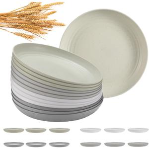 12 Pcs Unbreakable Deep Dinner Plates Set, 10 inch Reusable Plastic Wheat Straw Plates, Microwave and Dishwasher Safe Plate for Kitchen, Lightweight Plate for Dessert, BPA Free, 4 Colors (4-Gray Multicolor)