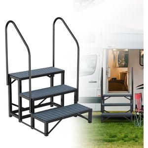 Rv Steps with Handrail 3 Step,Hot Tub Steps with Anti-Slip Mats,Heavy Duty Metal Mobile Home Stairs,Camper Steps for Travel Trailer,Portable Step Ladder for Spa,Pool and Porch Black