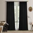 Black Pinch Pleated Linen Blackout Curtains 2 Panels for Living Room Bedroom Thermal Insulated 100% Black Out Linen Drapes with Liner Room Darkening Window Curtains 40x96