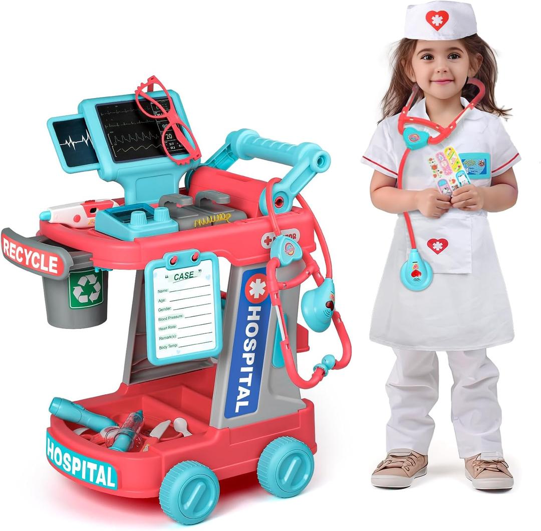 Liberry Doctor Kit for Toddlers Ages 2 3 4 5, Pretend Kids Doctor Playset with Cart, Costume and Stethoscope, Role Play Medical Toys Birthday Gift for Girls Boys (Red)