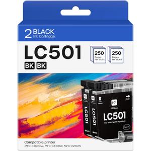 LC501 Ink Cartridges Compatible for Brother LC501 LC501XL LC 501 XL Work for Brother MFC-J1260DW MFC-J1360DW MFC-J1410DW Printer (2 Black)