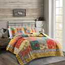 Hailea Boho Bedding Sets Queen Patchwork Quilt Set Vintage Floral Plaid Bedding Luxury Flower Quilts Lightweight Reversible Yellow Red Pink Bedspread Coverlets All Season, Boho Quilt Bohemia Quilt