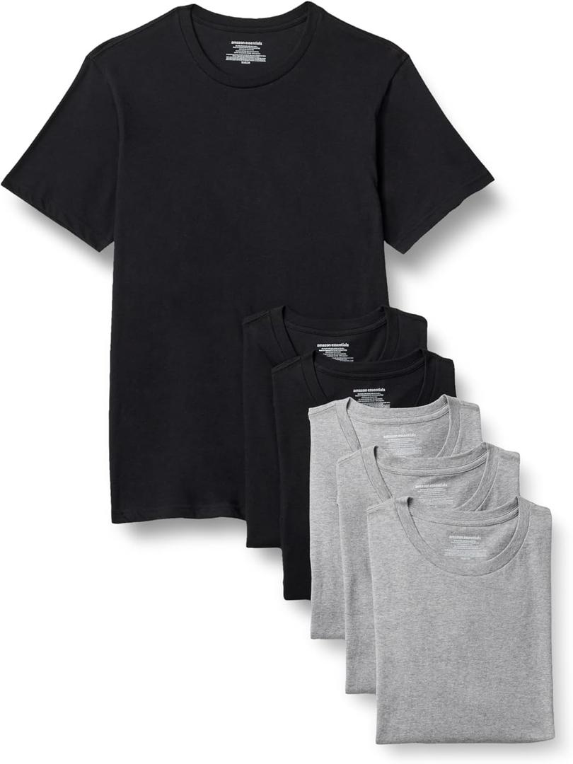 Amazon Essentials Mens' Slim Fit Cotton Crew Neck Undershirts, Black/Grey Heather Short Sleeve, Small