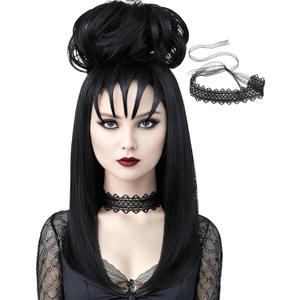 Long Black Costume Wig with Fluffy Curl Buns and Choker Accessories Heat Resistant Synthetic Hair Wigs with Bangs for Gothic Witch Halloween Cosplay