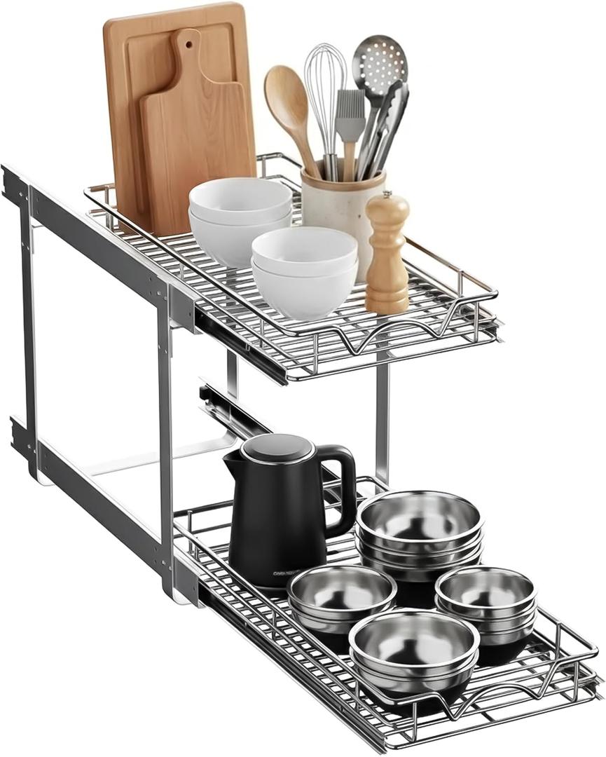 2-Tier Pull-Out Cabinet Organizer with Heavy-Duty Steel Frame, Full-Extension Sliding Shelves, Holds 100 lbs, Easy Install for Kitchen, Pantry & Under Sink Cabinets, 11" W x 21”D x 16.5" H