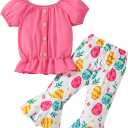 Toddler Baby Girl Easter Outfits Girl Short Sleeve Shirt Top Bunny Bell Bottom Flared Pants Set Summer Clothes 1-5Y (2-3 Years, Pink)