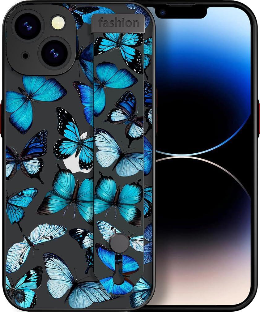 IWONE Compatible for iPhone 15 Case Cute with Stand/Shockproof Drop Protection Slim Strap Kickstand Phone Cover for Women Girls/Blue Butterflies Butterfly Animal