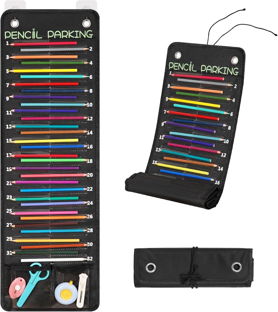 32-Pocket Pencil Parking for Classroom, Hanging Pencil Holder Wall Organizer, Numbered Portable Pencil Parking Pocket Chart for Classroom Organization, School Storage Supplies (Black)