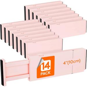 Lifewit 14 Pack Drawer Dividers 4" High, 11-17" Adjustable Drawer Organizers for Clothes, Expandable Dresser Separators in Bedroom/Bathroom/Kitchen/Fridge/Office Organization and Storage, Pink
