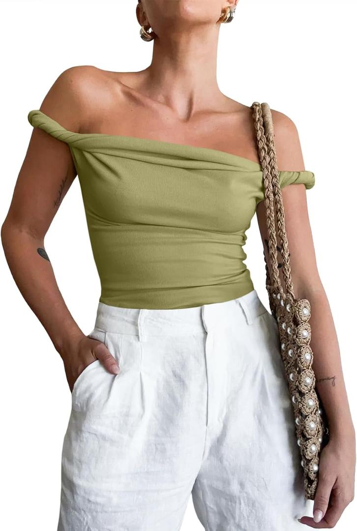 Tankaneo Womens Off The Shoulder Top Sleeveless Slim Fit Stretchy Tank Top Y2k Casual T Shirts (Medium, Army Green)