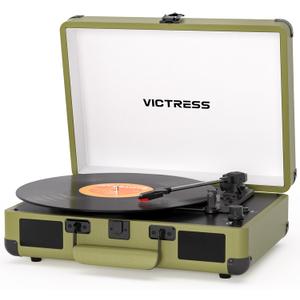 Record Player with Speakers, Bluetooth Vinyl Record Player with Recording, 3 Speed Portable Suitcase LP Player, Belt Drive Turntable, RCA/AUX/Headphone Jack, Green