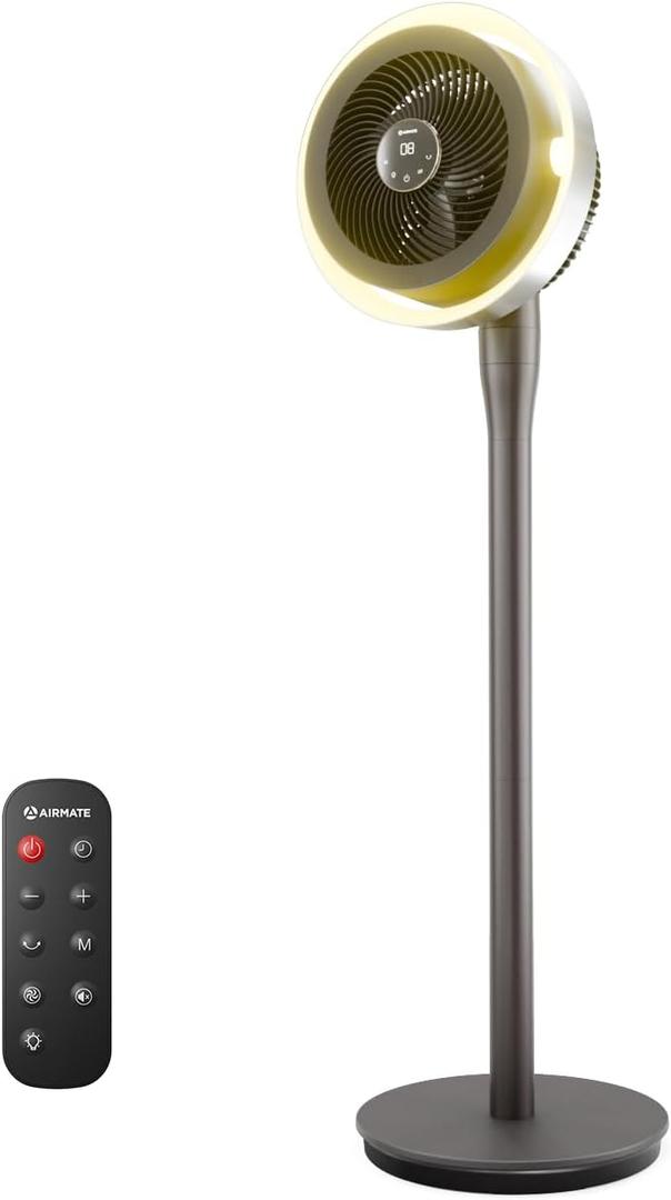 AIRMATE Standing Fan for Bedroom, (60/90/120) Oscillating Fan with Light, Digital Display, (12-43") Adjustable Height, 16 Speeds, 12H Timer, 25dB, 92ft Quiet Pedestal Fan with Remote, DarkGrey