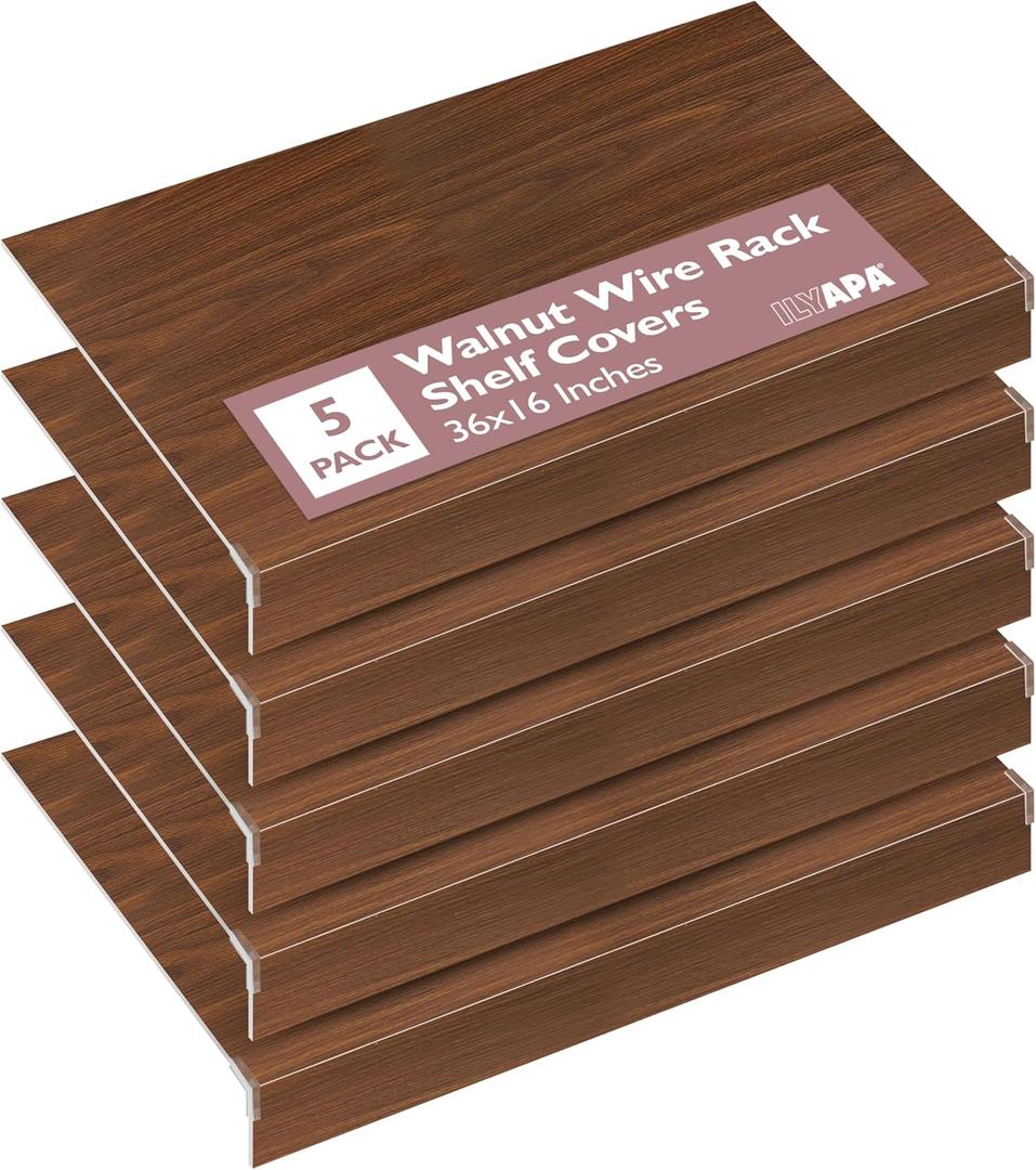 Ilyapa Wire Shelf Covers for Wire Shelving 36 x 16 in. 5 Pack PVC Faux Wood Rack Covers for Pantry, Linen Closets & Shelves, Pantry Shelf Cover - Wooden Walnut Print