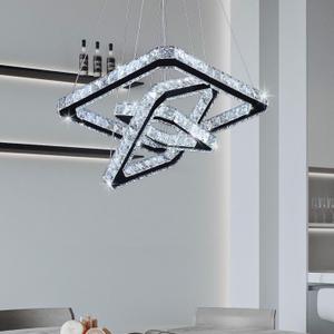 Modern Crystal Chandelier LED Ceiling Light, Square 3-Ring Height Adjustable 47W K9 Crystal Pendant for Dining Room, Living Room, Bedroom, Foyer, Cool White 6000K, 234