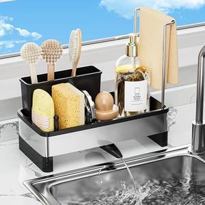 SOVGIZF Sponge Holder for Kitchen Sink,Sink Caddy Organizer with Removable Brush Holder,Kitchen Countertop Soap Dispenser Storage with Detachable Towel Rack,Black