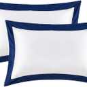 White Pillow Shams King Size Set of 2, 100% Cotton Hotel Luxury Decorative Pillow Sham with Navy Border, 400TC Sateen Weave Soft Smooth Breathable Elegant Pillowcases for Bedding, 20x36 Inches