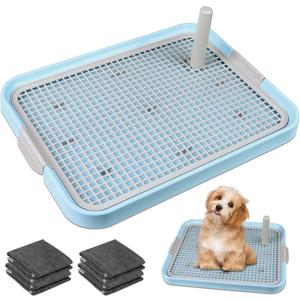 CUHIOY Dog Potty Tray Toilet 20"x14" - Indoor Pee Pad Holder with 8pcs Training Pads, Puppy Mesh Potty with Secure Latch for Small Medium Puppies - Blue