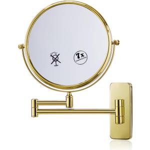 Nicesail Makeup Mirror, Wall Mounted 7X Magnifying Mirror Vanity Mirror for Bathroom, Extendable Swivel, Brass and 304 Stainless Steel Material for Hotel or Home, Shiny Gold Finish (8 Inch, 7X)