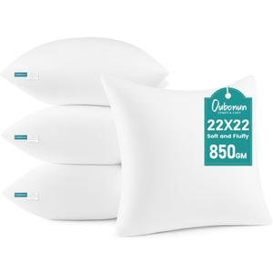 Oubonun 22 x 22 Throw Pillow Inserts - Soft, Plush & Decorative Down Alternative Pillows for Couch Sofa Bed, Machine Washable - White, Pack of 4