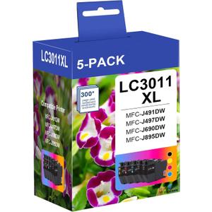 LC3011 XL BK/C/M/Y Ink Cartridge Set, High Yield 5-Pack(2 Black, 1 Cyan, 1 Magenta, 1 Yellow) - Replacement for Brother MFC-J491DW MFC-J497DW MFC-J690DW MFC-J895DW Printer