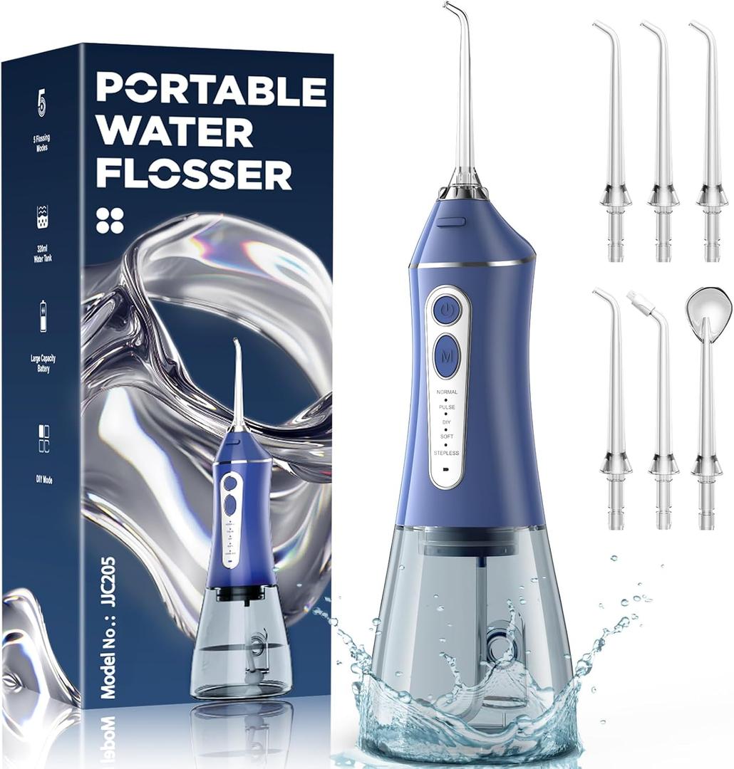 Water Flosser for Teeth Cleaning and Flossing, 5 Modes Rechargeable Cordless Oral Irrigator 320ml Water Tank Teeth Cleaner, IPX7 Waterproof Portable Electric Dentel Flossers for Home and Travel, Blue