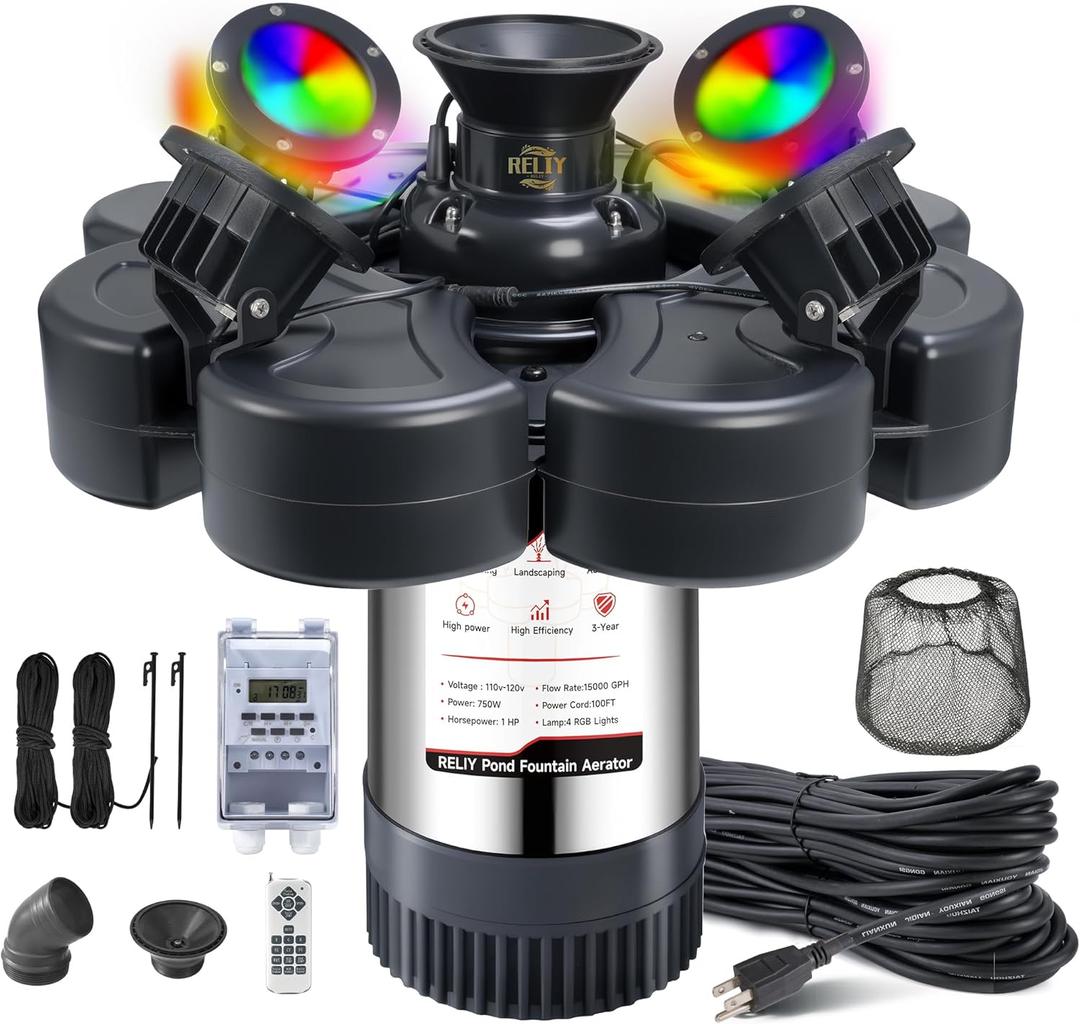 RELIY Pond Fountain Aerator, With 4 RGB Lights 1HP 110V 15000 GPH Stainless Steel Fountain Pump, Fully Automatic Powerful Lake Floating Fountain, 100 FT Power Cord, Programmable Timer Switch