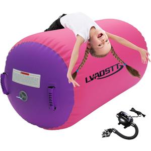 Gymnastics Tumbling Equipment Inflatable Air Barrel Tumbler Roller Backbend Trainer with Pump for Cheerleading, Yoga, Stretching & Home Gym Training (39.37inch*23.6inch, Pink+Purple)