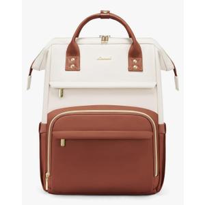 Leather Backpack for Women,17 inch Leather Laptop Backpack Women,Professional Work Backpack Nurse College Teacher Bag,Womens Laptop Tote Bag Computer Travel Backpack Purse,Beige White-Brown