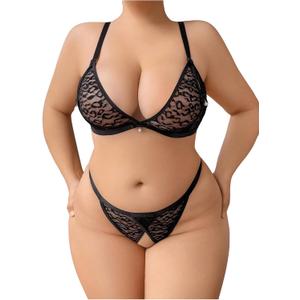 SOLY HUX Women's Plus Size Lingerie Set Lace Sheer Deep V Neck Bra and Panty Sexy Underwear (4X-Large, Plain Black)