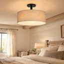 4 Light 18" Fabric Drum Shade semi Flush Mount Ceiling Light Linen Fabric Chandeliers Shade Black Finish for Bar,Dining Room,Corridor,Living Room
