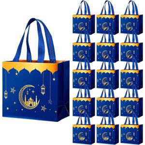 Resurhang 16 Pcs Eid Al Adha Party Reusable Gift Bags with Handles, Muslim Treat Non Woven Ramadan Goodie Bags for Eid Al Adha Muslim Party Supplies(Blue)