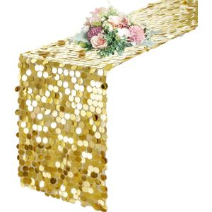 Pufogu 12 x 108 Inch Sequin Table Runner, Gold Glitter Premium Big Sequin Table Runners, Rectangle Table Runner for Halloween, Christmas, Wedding Party, Birthday Party, Banquet Decor (1 Pack).