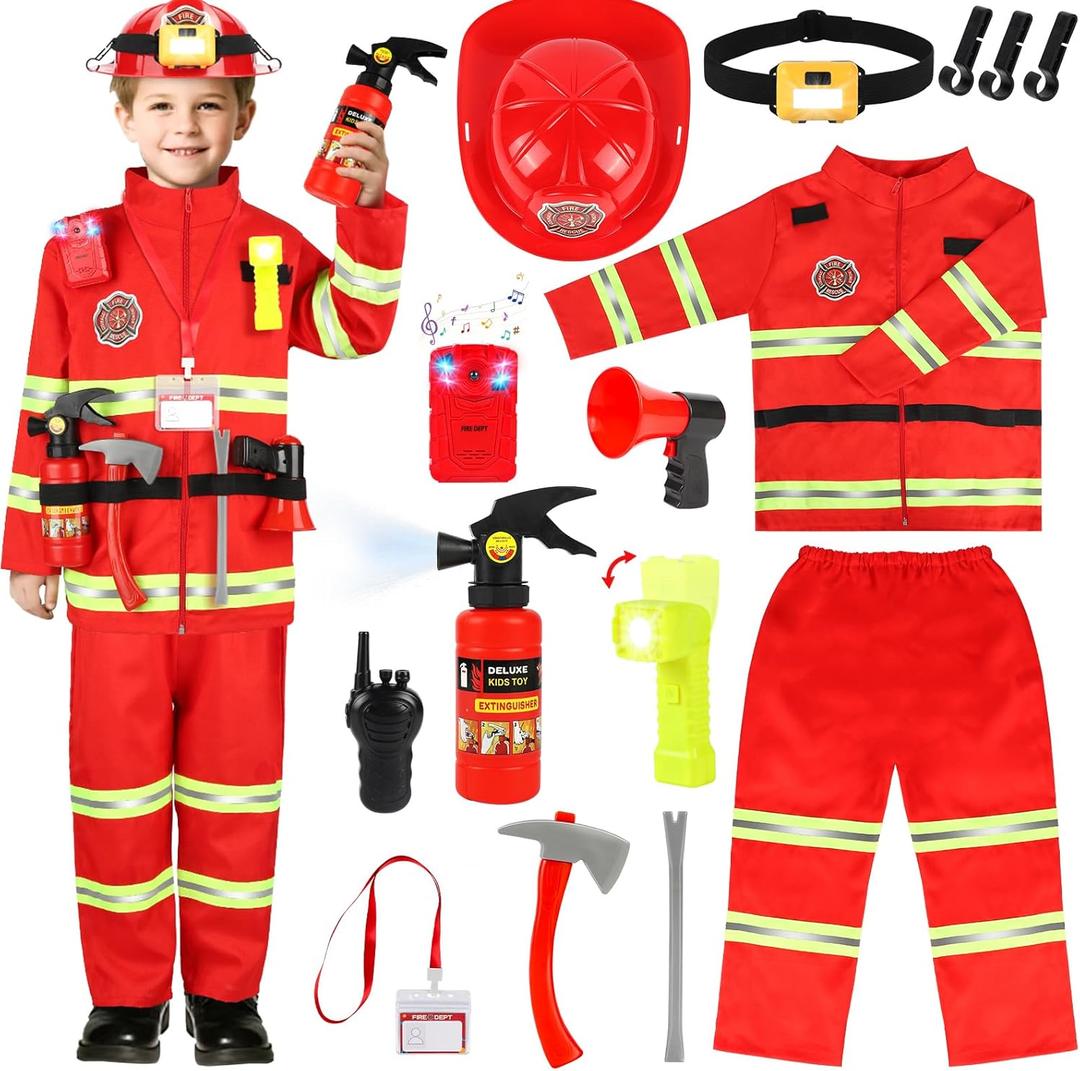 Firefighter Costume for Kids, Fireman Costume with Firefighter Tools, Fire Extinguisher, Helmet Light, Right Angle Flashlight, Kids Dress Up Clothes, Pretend Play Toys Gifts for Boys Age 4+