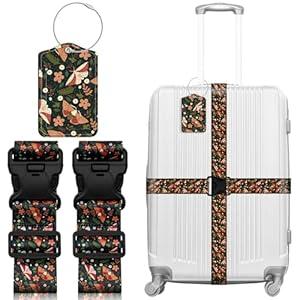 Luggage Straps & Luggage Tags Set for Suitcases Travel Belt Accessories, Printed Suitcase Strap, Adjustable Luggage Belt Strap, Heavy Duty with Quick-Release Buckle - 3 Pieces, Black Butterfly