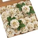 Ling's moment Artificial Flowers 25Pcs Champagne Gold Roses Decor w/Stems, 3" Real Touch DIY Foam Floral for Wedding Bouquet/Centerpieces, Outdoors Party Backdrop, Room/Table, Christmas Decor
