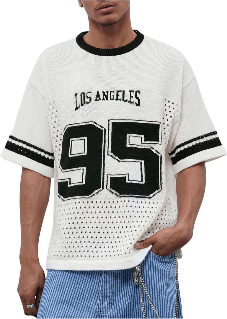 WDIRARA Men's Number Letter Graphic Sweater Crewneck Half Sleeve Pullovers Knit Top (Medium, Black and White)